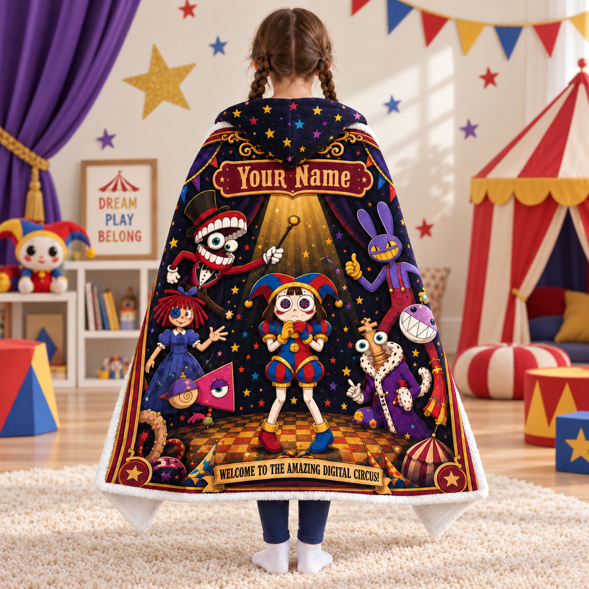 Custom Name Vintage Circus Stage Wearable Hooded Blanket