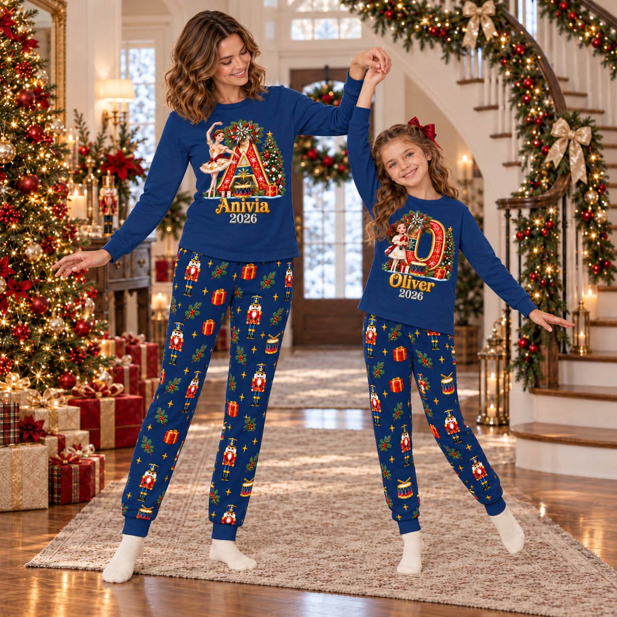 Personalized Monogram Letter Nutcracker Navy Blue Matching Family Christmas Pajamas