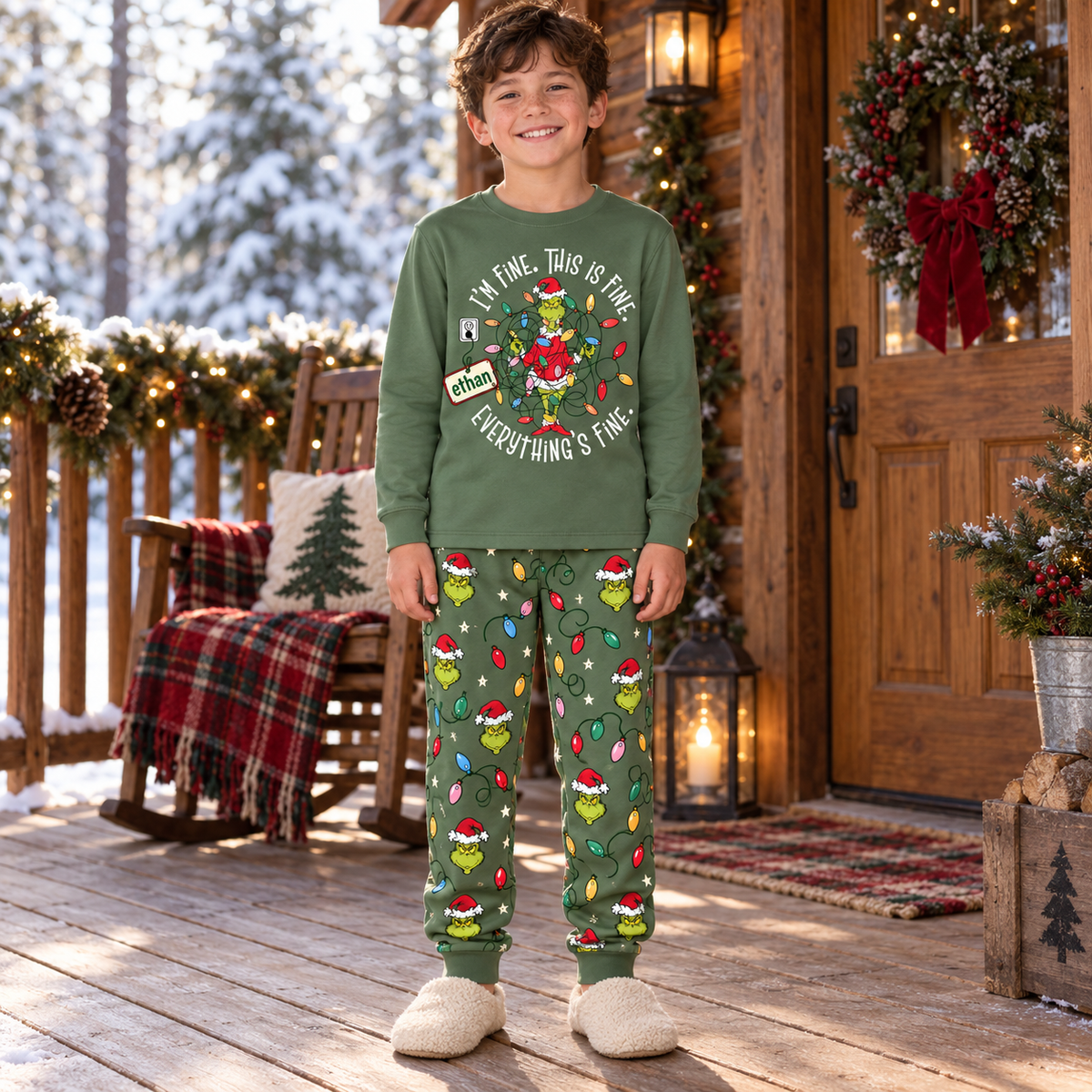 Personalized "I'm Fine Everything's Fine" Grumpy Green Creature Family Christmas Pajamas