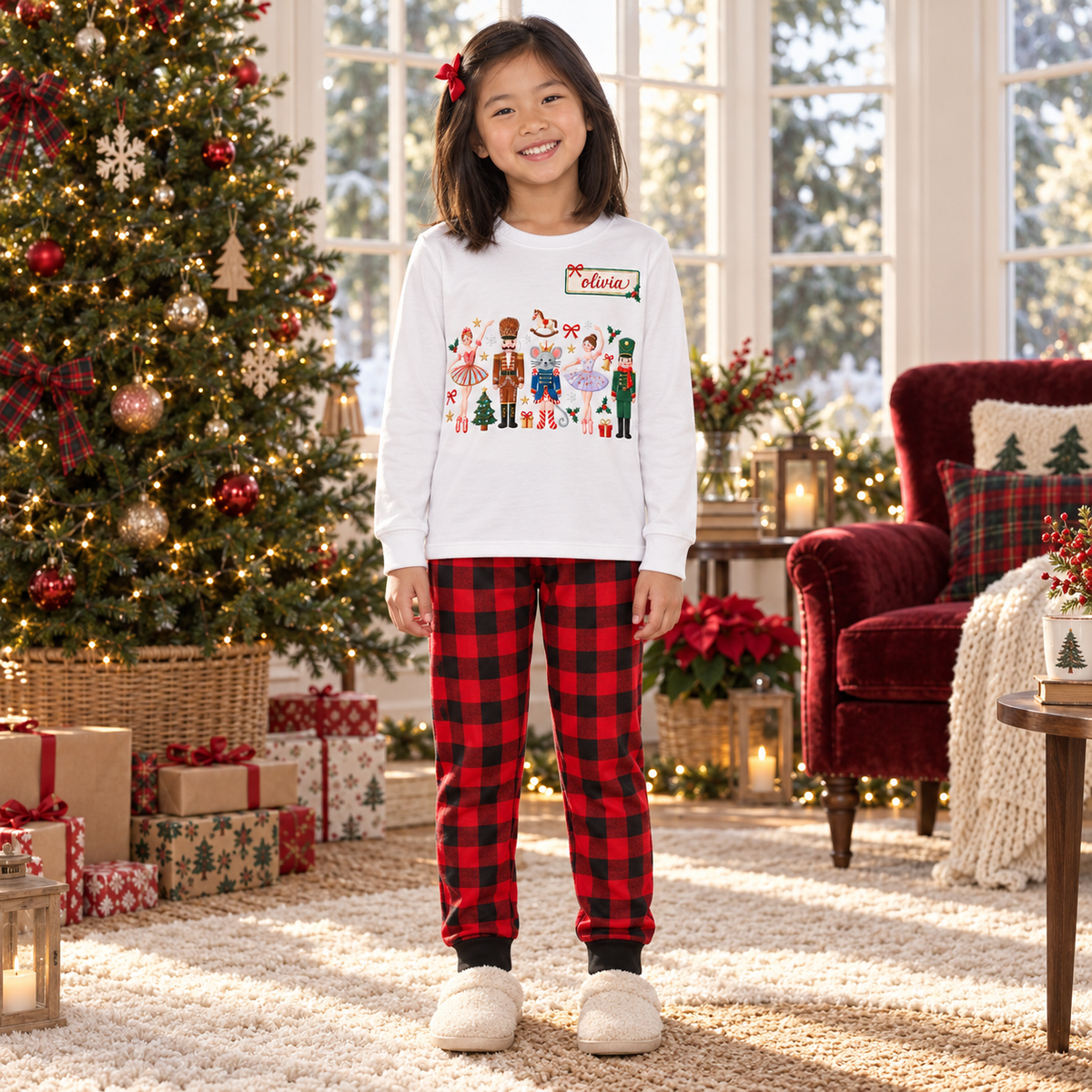 Personalized Ballerina, Nutcracker & Mouse Buffalo Plaid Family Christmas Pajamas
