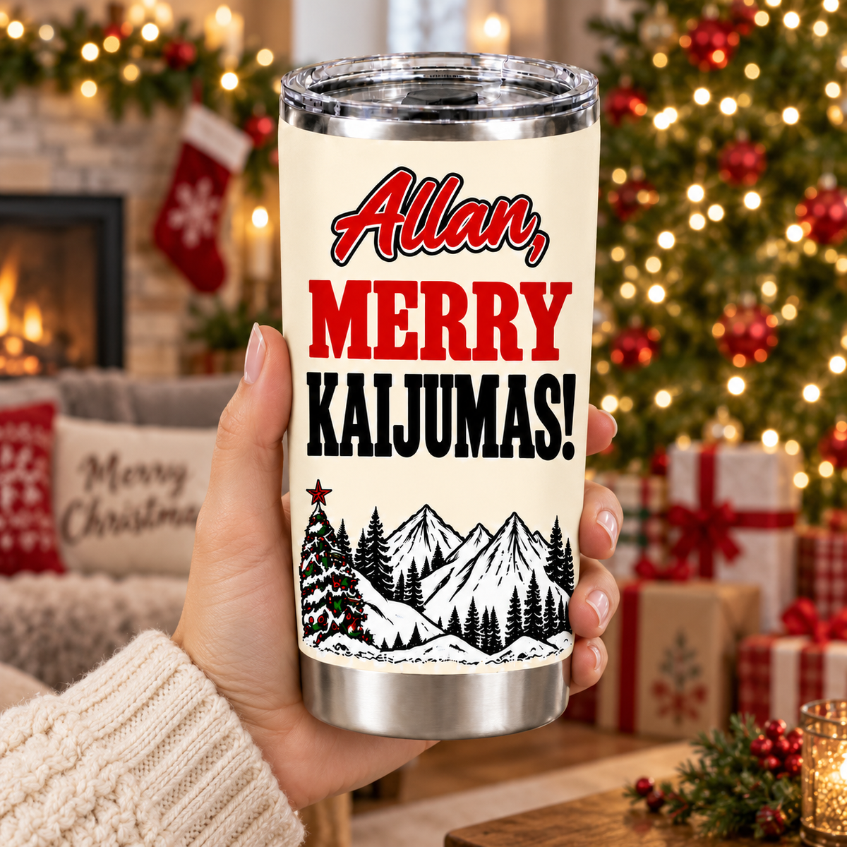 Personalized Merry Kaijumas – Custom Name 20oz Vintage Mountain Beast Christmas Tumbler