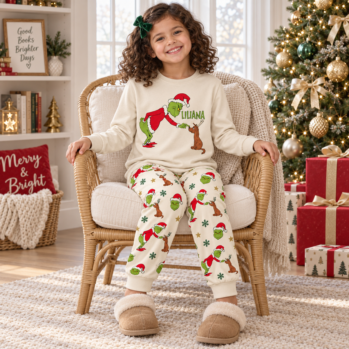 Personalized Mean Green Creature & Faithful Pup Cream Family Christmas Pajamas