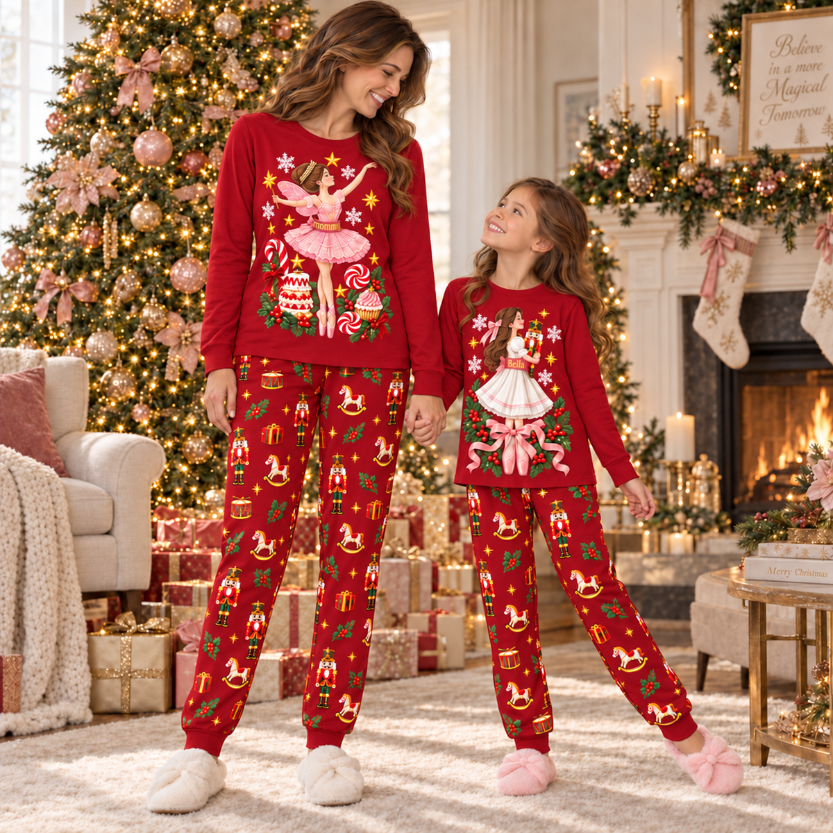 Personalized Nutcracker Characters & All-Over Print Red Family Christmas Pajamas