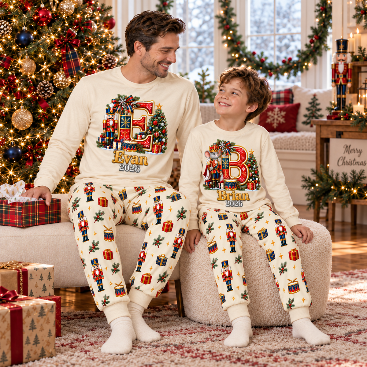 Personalized Monogram Letter Nutcracker Cream Matching Family Christmas Pajamas