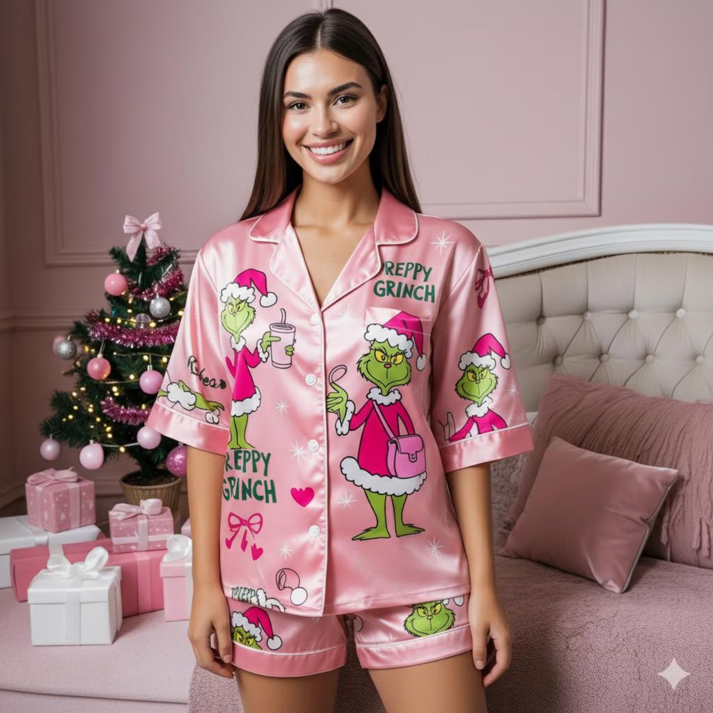 Preppy Pink Green Monster Satin Pajama Set – Funny Holiday Sleepwear for Women, Cozy Christmas Lounge Outfit