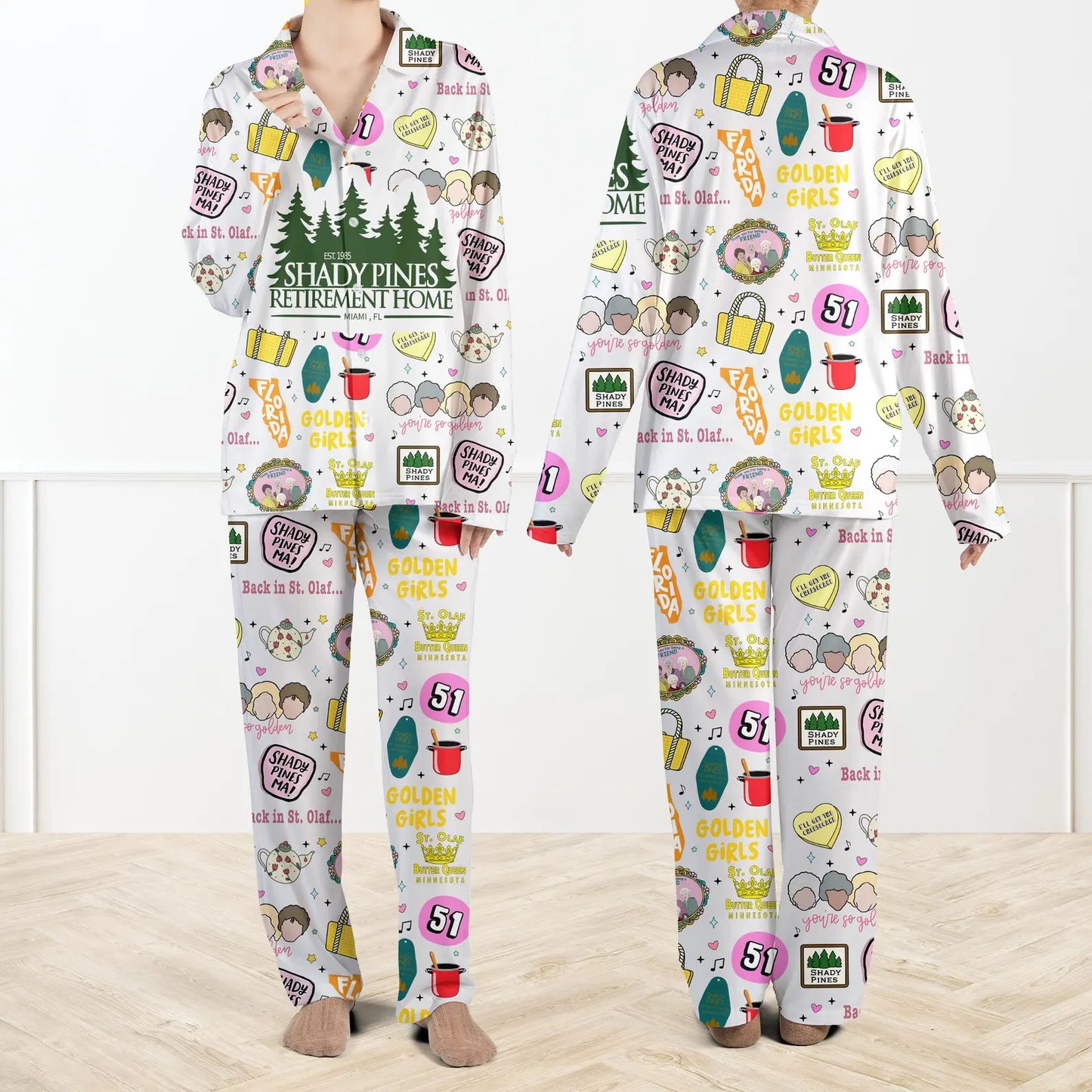 The Shady Pines Retro TV Sitcom Satin Pajama Set – Matching Women & Kids Long & Short Styles Funny Family Gift