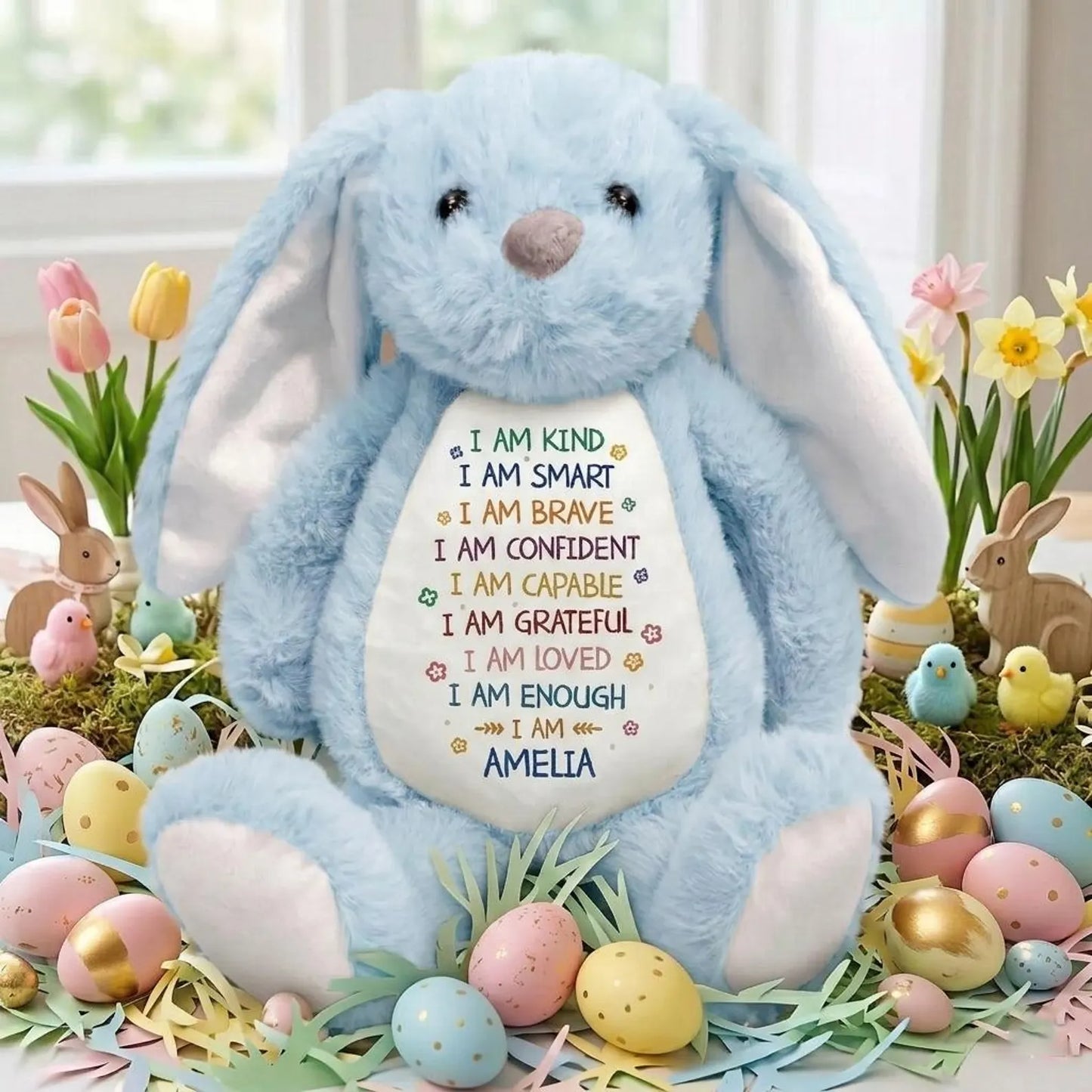 Personalized Easter Bunny Affirmations Plush Custom Name Bunny I Am Kind Smart Brave Stuffed Animal Kids Positive Gift Toddler Easter Basket Stuffer