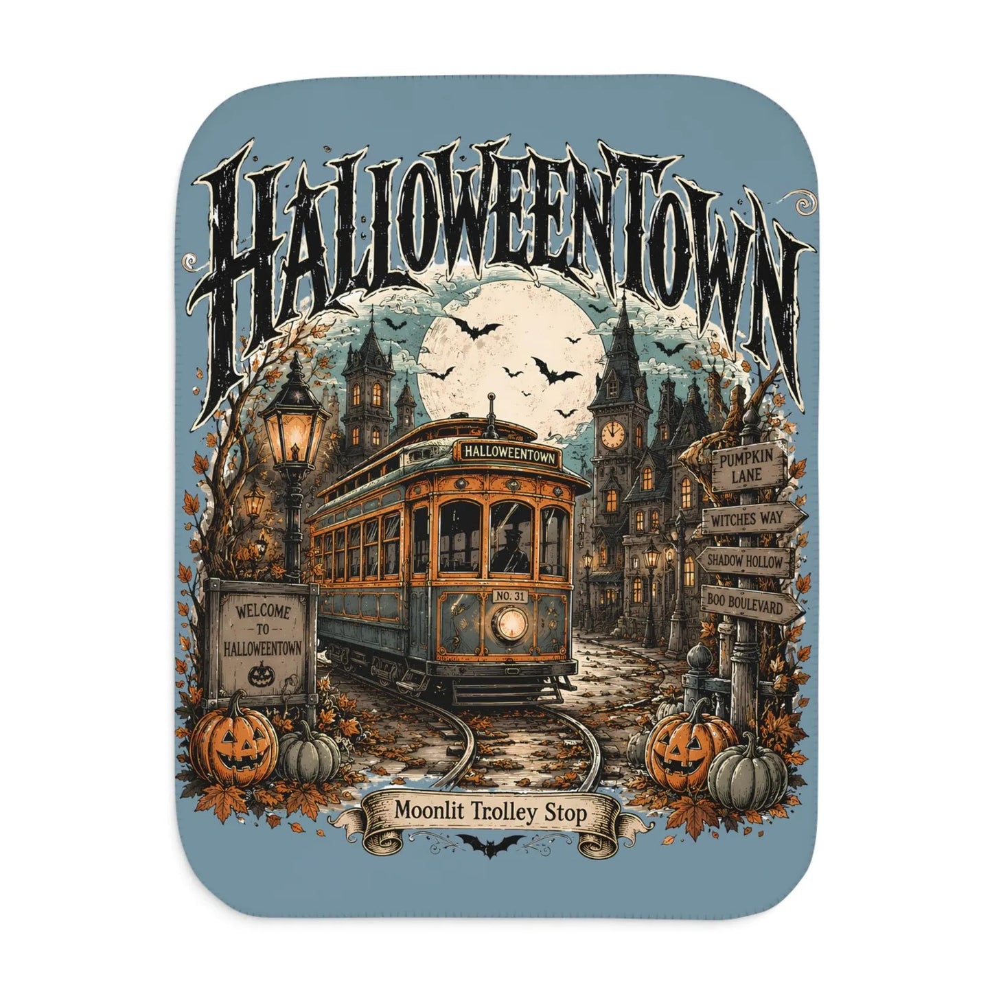 Vintage Halloweentown Trolley Blanket Moonlit Trolley Stop Autumn Throw