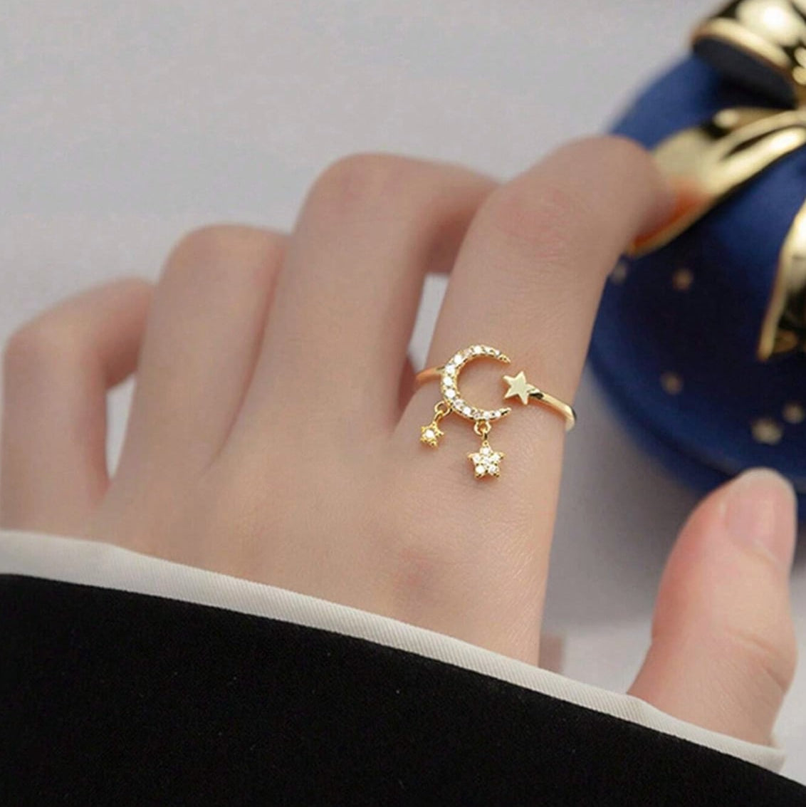 Zirconia Star & Moon Tassel Ring