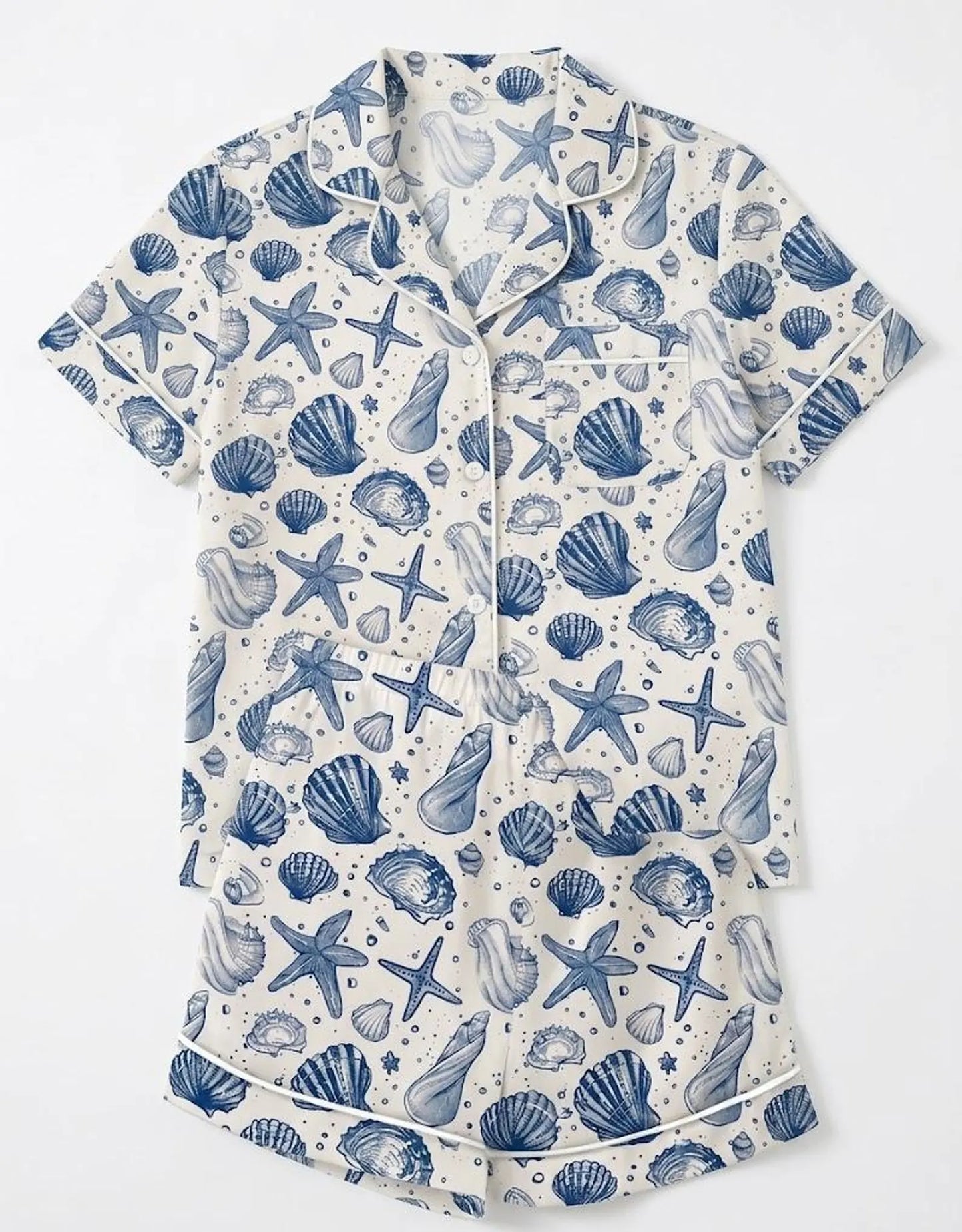 Luxury Satin Pajama Set - Coastal Grandmillennial Nautical Ocean Inspired Sleepwear Loungewear
