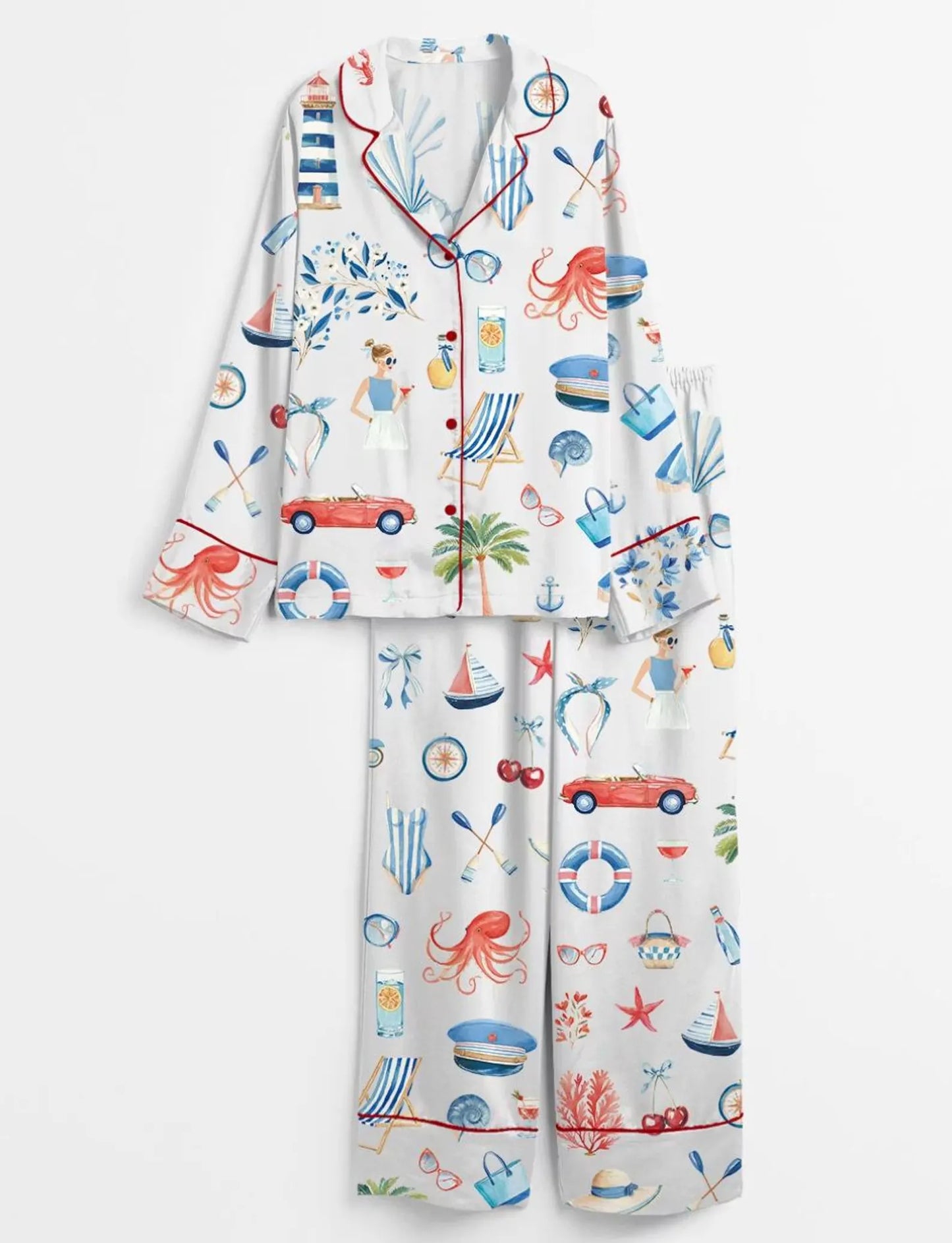 Luxury Satin Pajama Set - Coastal Nautical Ocean Inspired Sleepwear Loungewear