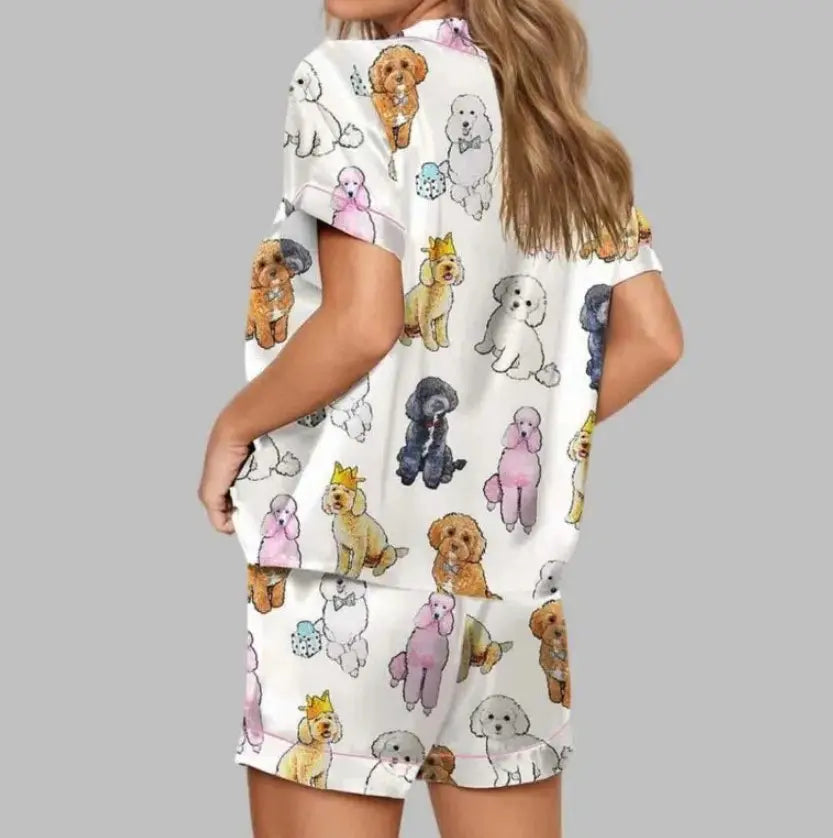Luxury Satin Pajama Set - Unique Poodle Dog Cartoon Puppy & Crown Pattern Sleepwear Loungewear