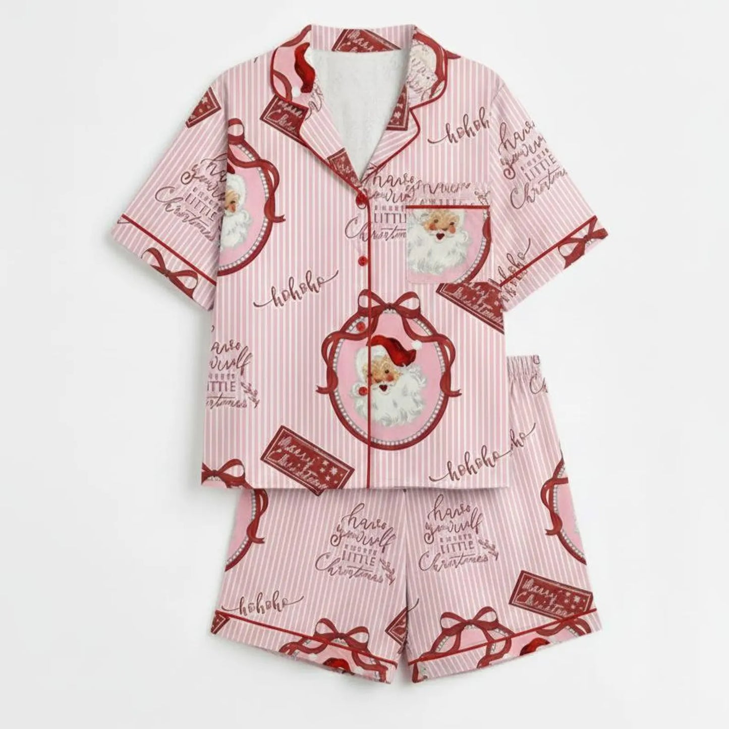 Retro Pink Santa Satin Christmas Pajama Set – Vintage Holiday Sleepwear Gift for Women