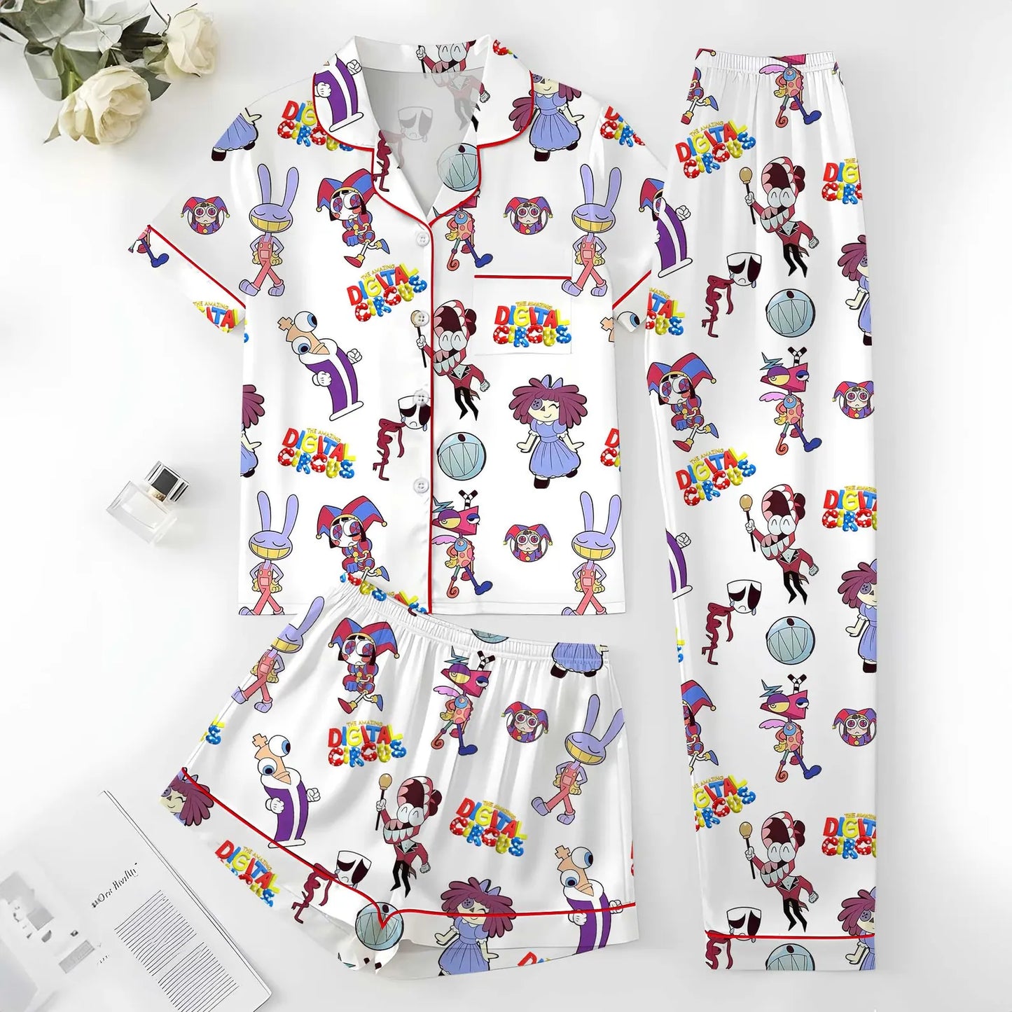 Digital Circus Silk-Satin Lounge Set - Aesthetic Anime Sleepwear for Fans