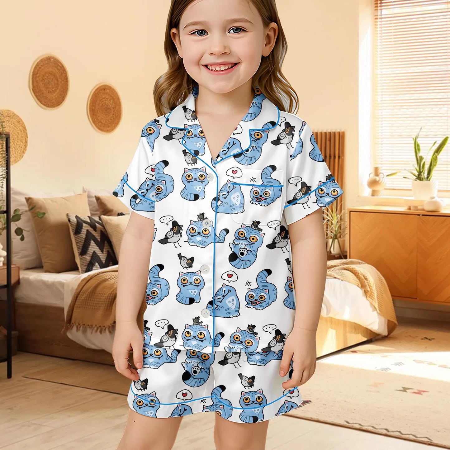 Kpop Inspired Tiger Satin Pajama Set – Cute Tiger and Bird Print Women’s Sleepwear, Demon Hunter Style Short PJs