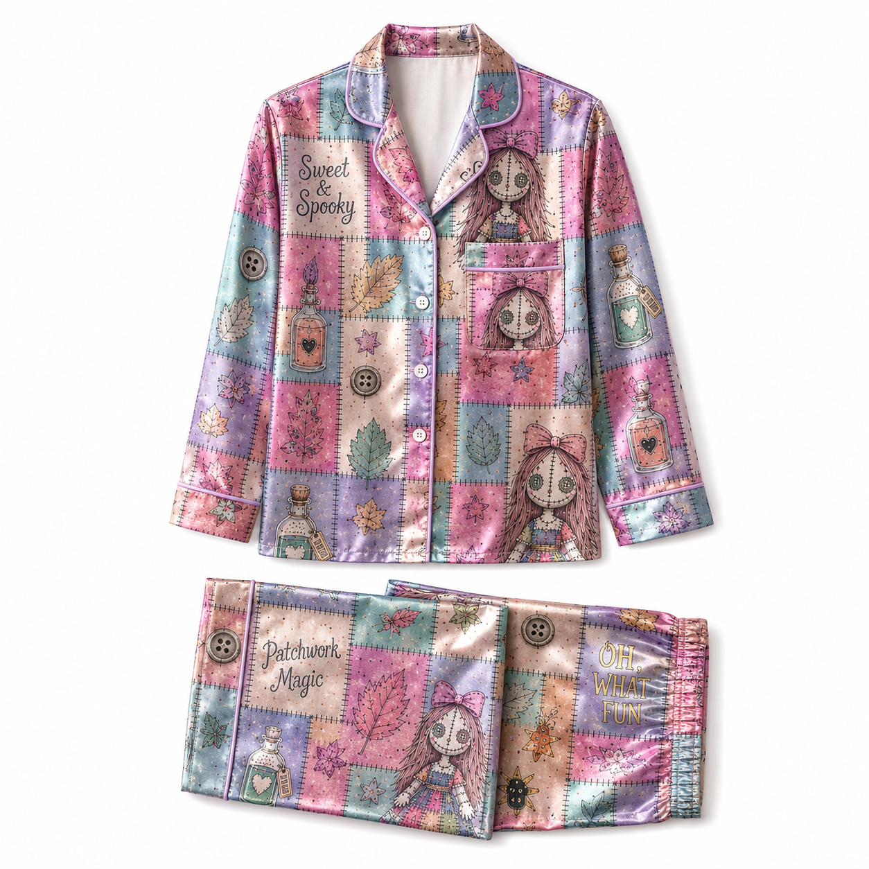 Sweet Spooky Patchwork Satin Pajamas