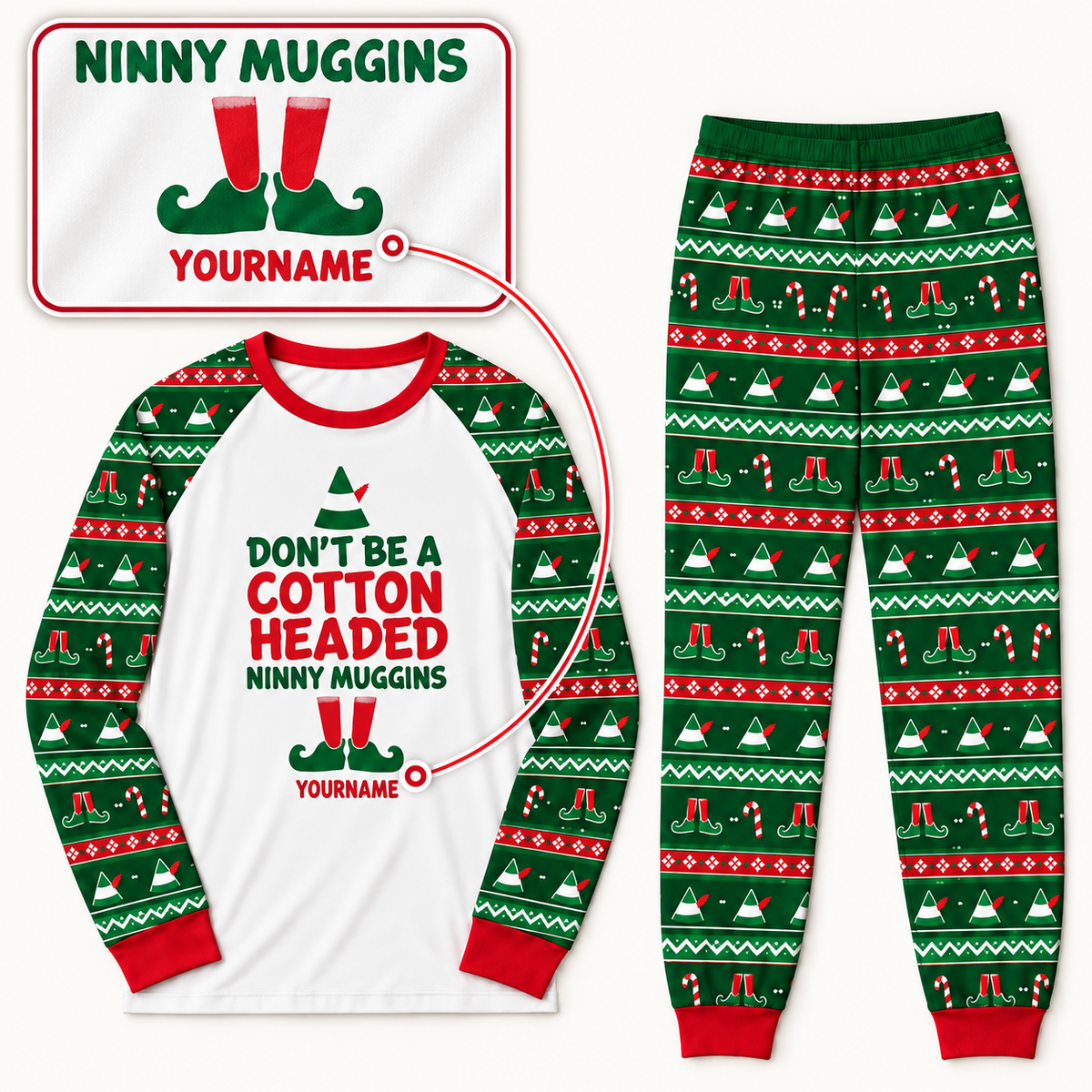 Personalized Ninny Muggins Elf Christmas Pajama Set