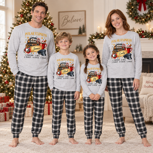 Polar Express Golden Ticket & Cocoa Personalized Family Pajamas - Grey & Plaid