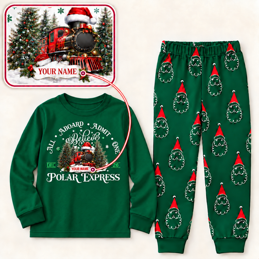 Personalized Polar Express Christmas Pajama Set – Green Santa