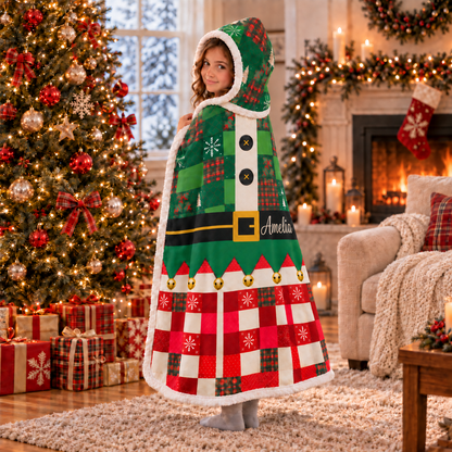 Personalized Christmas Elf Suit Patchwork Hooded Blanket