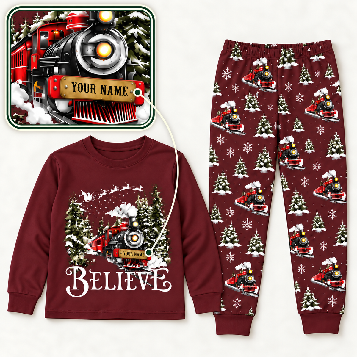 Personalized Believe Christmas Train Family Pajamas – Maroon