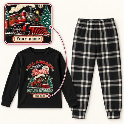 Personalized All Aboard Polar Express Christmas Pajama Set – Black Plaid