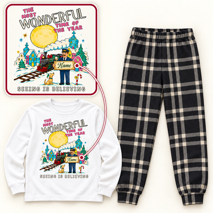 Personalized Seeing Is Believing Christmas Pajama Set – White & Black Plaid