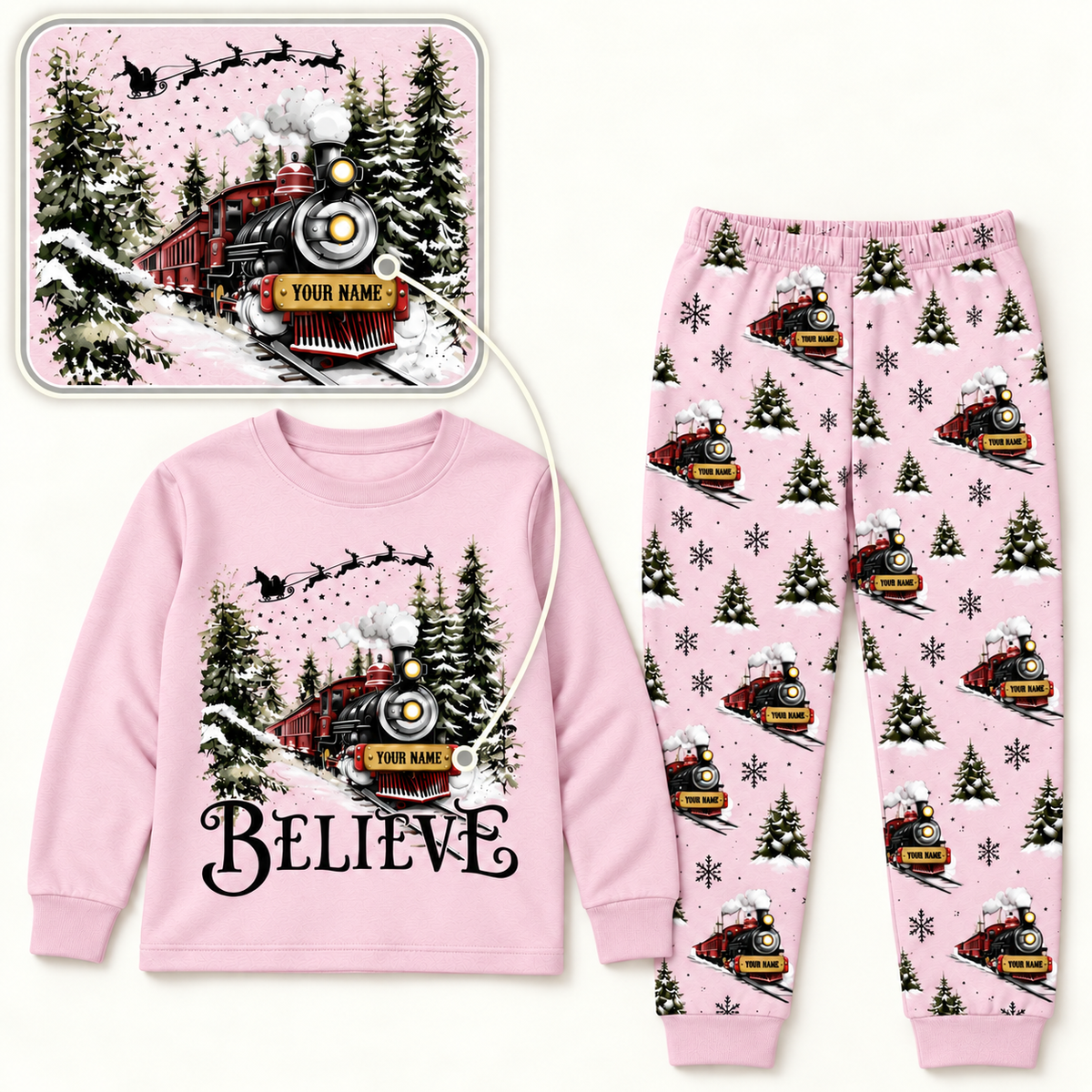 Personalized Believe Christmas Train Pajama Set – Blush Pink