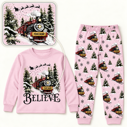 Personalized Believe Christmas Train Pajama Set – Blush Pink