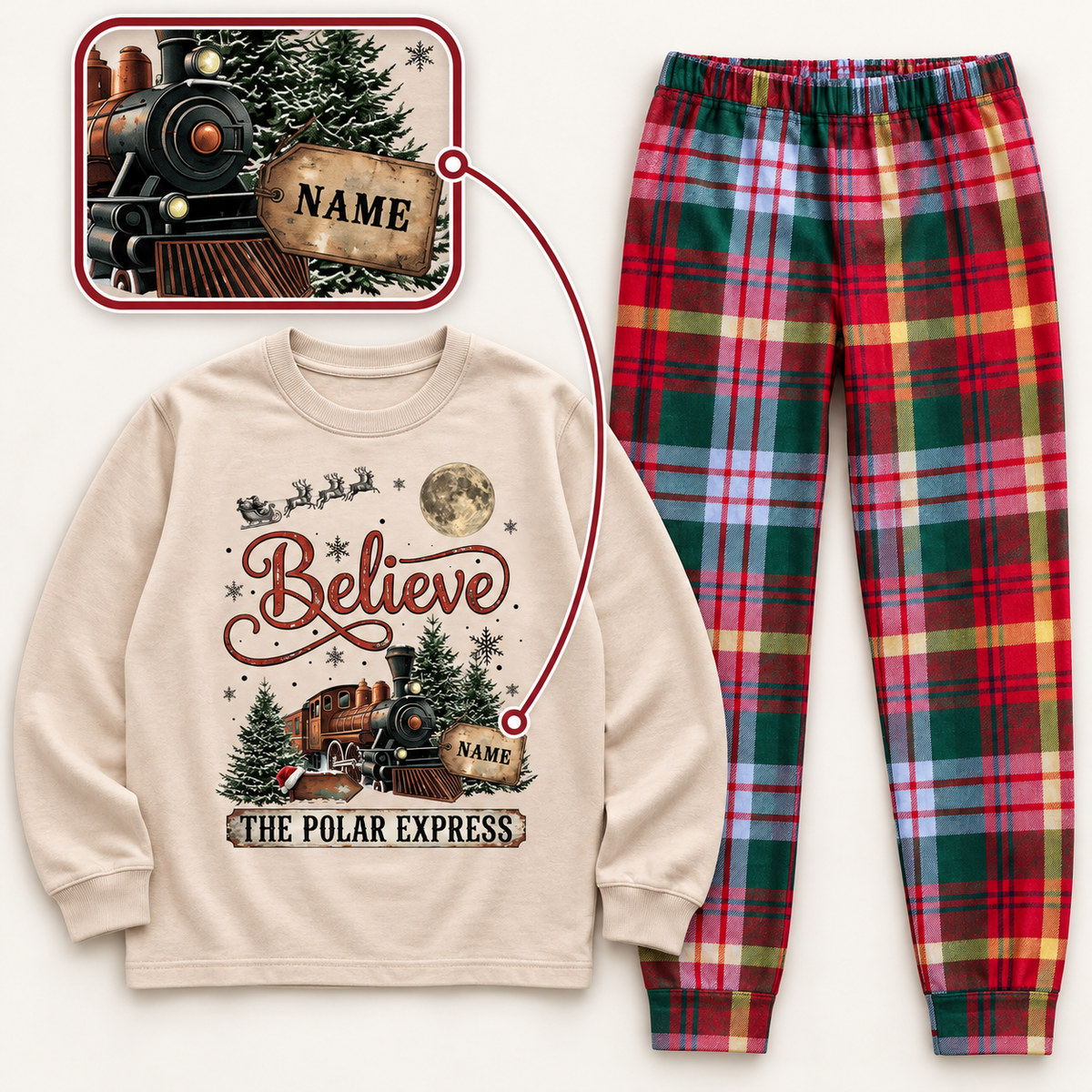 Personalized Vintage Polar Express Christmas Pajama Set – Beige Tartan