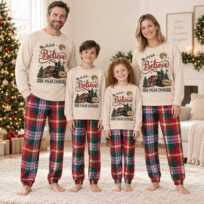 Personalized Vintage Polar Express Christmas Pajama Set – Beige Tartan