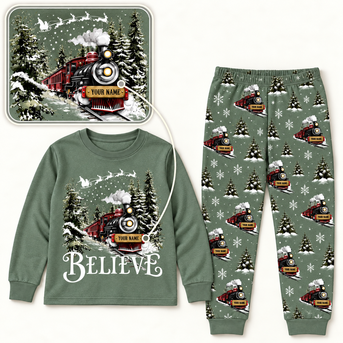 Personalized Believe Christmas Train Pajama Set – Sage Green