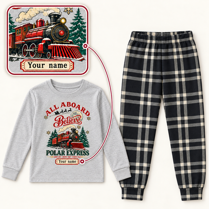 Personalized All Aboard Polar Express Christmas Pajama Set – Light Gray Plaid