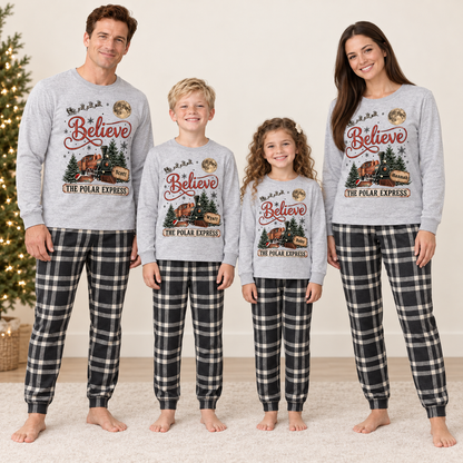 Personalized Vintage Polar Express Christmas Pajama Set – Gray & Black Plaid