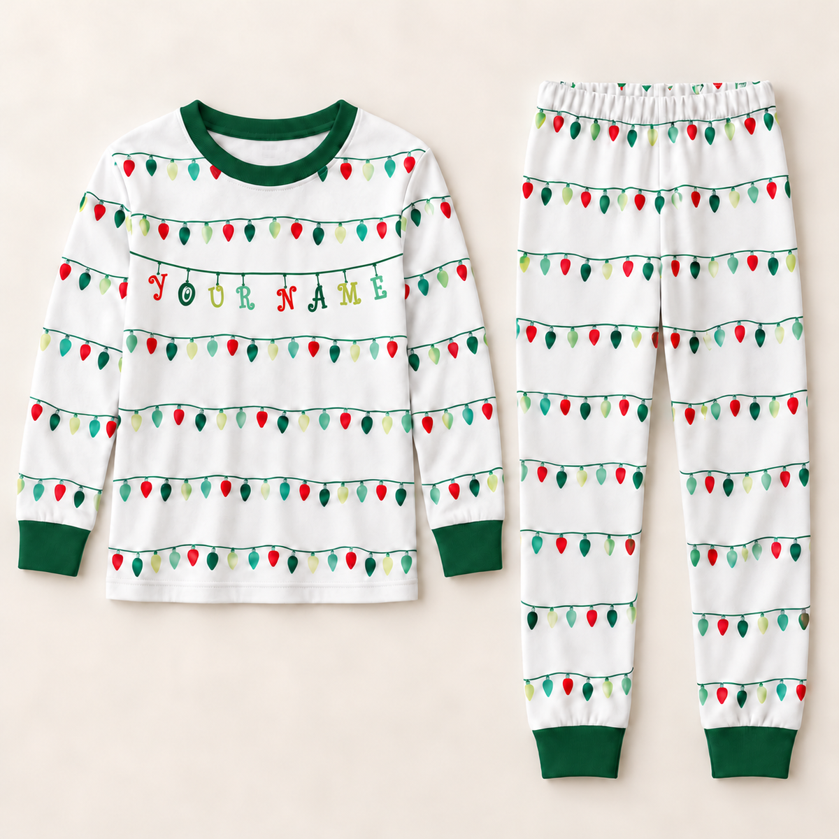 Personalized Christmas Lights Pajama Set – Forest Green