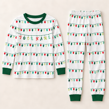 Personalized Christmas Lights Pajama Set – Forest Green