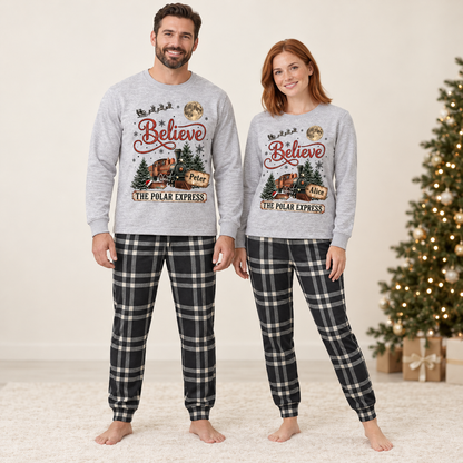Personalized Vintage Polar Express Christmas Pajama Set – Gray & Black Plaid