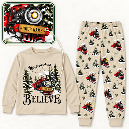 Personalized Believe Christmas Train Family Pajamas – Sand Beige