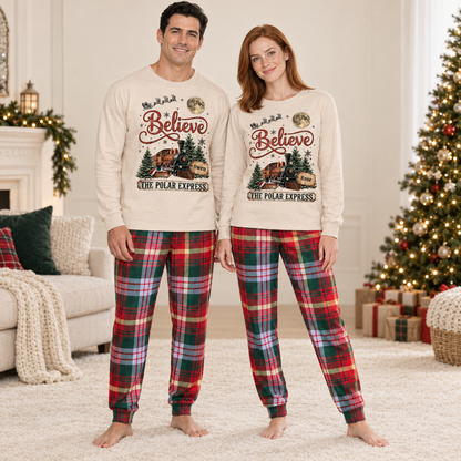 Personalized Vintage Polar Express Christmas Pajama Set – Beige Tartan
