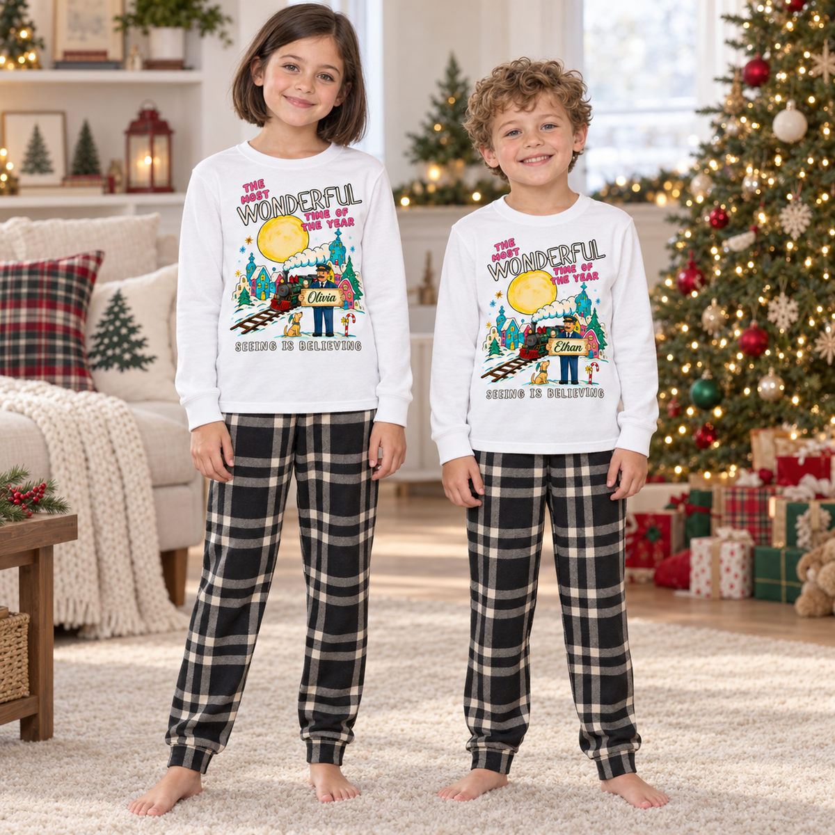 Personalized Seeing Is Believing Christmas Pajama Set – White & Black Plaid
