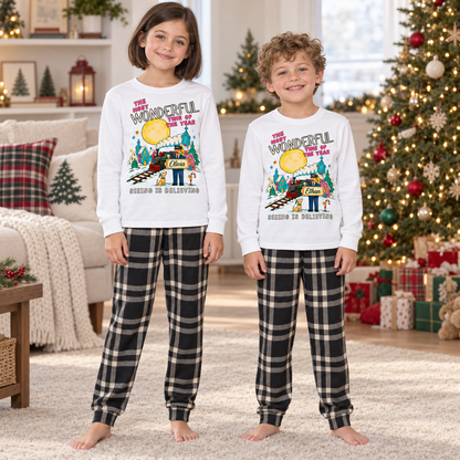 Personalized Seeing Is Believing Christmas Pajama Set – White & Black Plaid