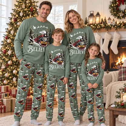 Personalized Believe Christmas Train Pajama Set – Sage Green