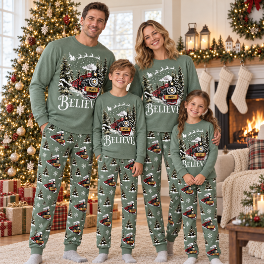 Personalized Believe Christmas Train Pajama Set – Sage Green