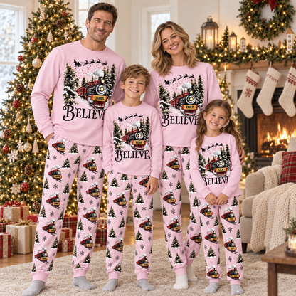 Personalized Believe Christmas Train Pajama Set – Blush Pink