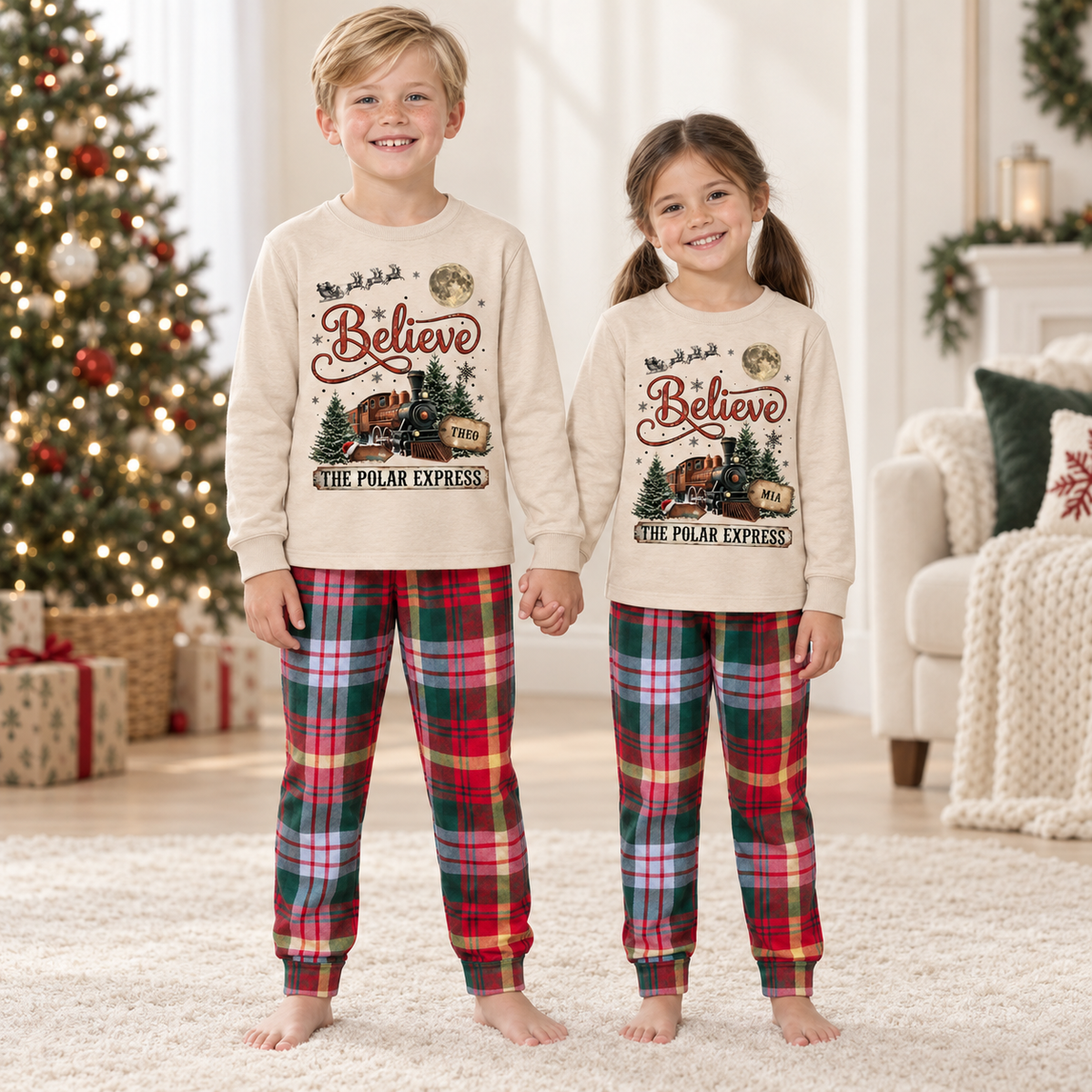Personalized Vintage Polar Express Christmas Pajama Set – Beige Tartan