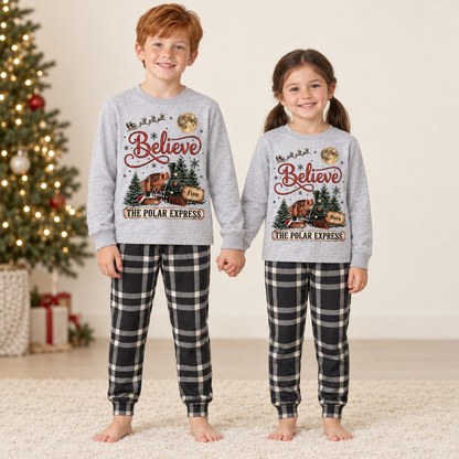 Personalized Vintage Polar Express Christmas Pajama Set – Gray & Black Plaid