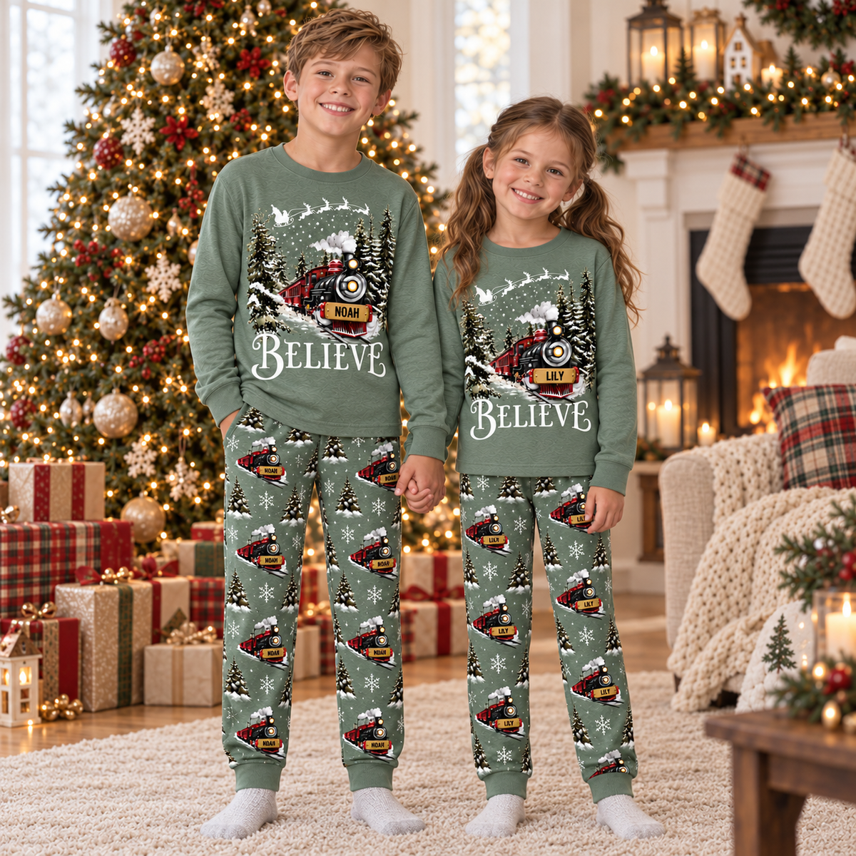 Personalized Believe Christmas Train Pajama Set – Sage Green