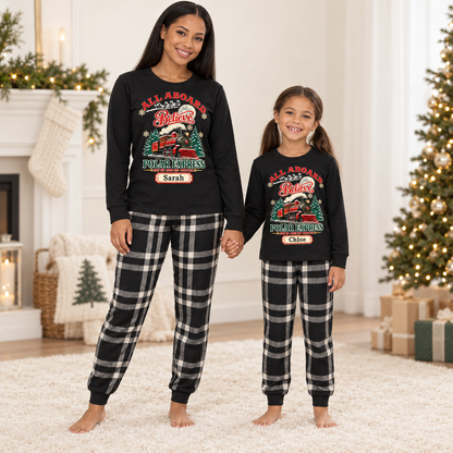 Personalized All Aboard Polar Express Christmas Pajama Set – Black Plaid