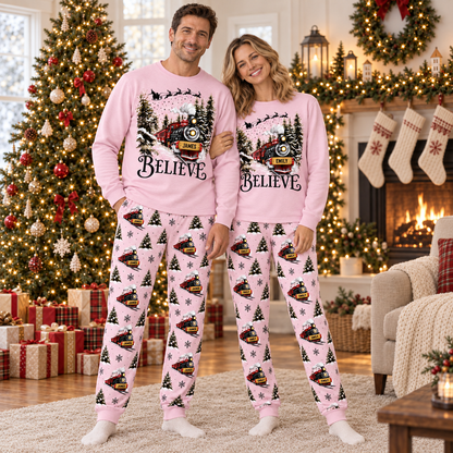 Personalized Believe Christmas Train Pajama Set – Blush Pink