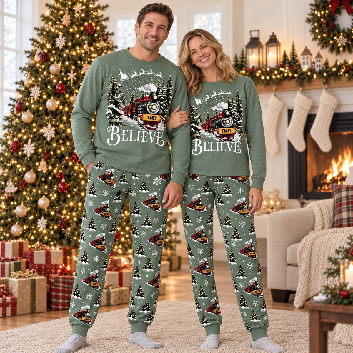 Personalized Believe Christmas Train Pajama Set – Sage Green
